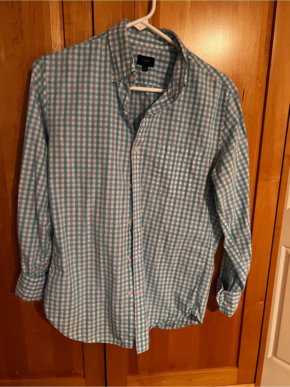 J. Crew Men's Aqua and White Gingham Button-Down Shirt